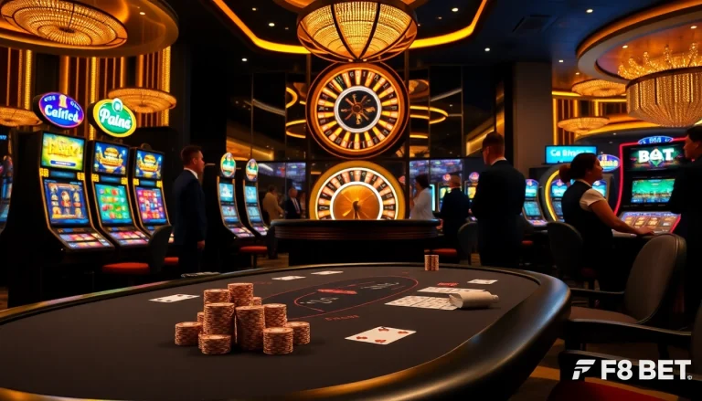 Exciting scene of players engaging with casino games, highlighting F8 BET's vibrant gambling atmosphere.