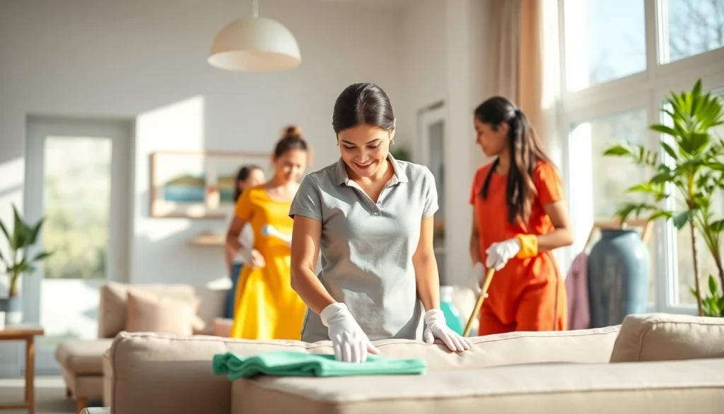 Cleaning service team engaging in eco-friendly cleaning practices in a tidy modern home.