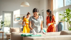 Cleaning service team engaging in eco-friendly cleaning practices in a tidy modern home.