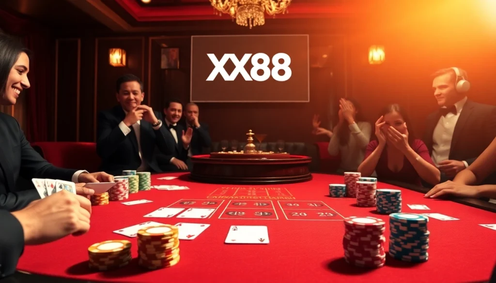 Players engaged in a thrilling baccarat game at XX88, featuring vibrant casino elements and excitement.