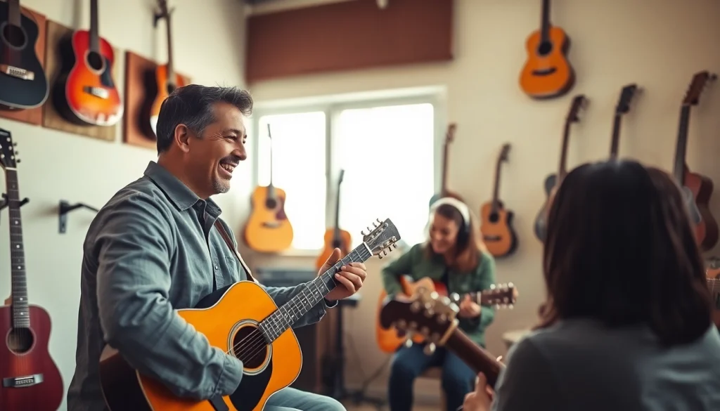 Engage with https://guitarlessons.co.uk in a vibrant guitar lesson setting led by a passionate instructor.