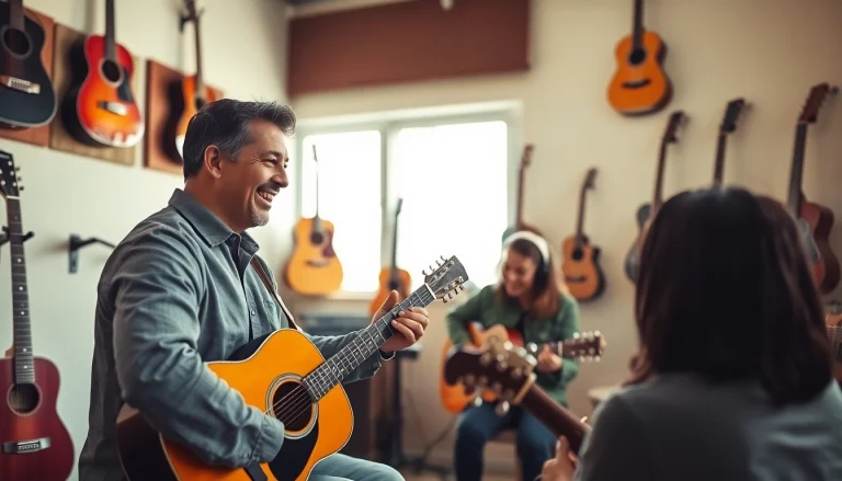 Engage with https://guitarlessons.co.uk in a vibrant guitar lesson setting led by a passionate instructor.