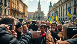 Збираються журналісти та місцеві жителі на площі новин на https://sumytoday.in.ua, відображаючи громаду.