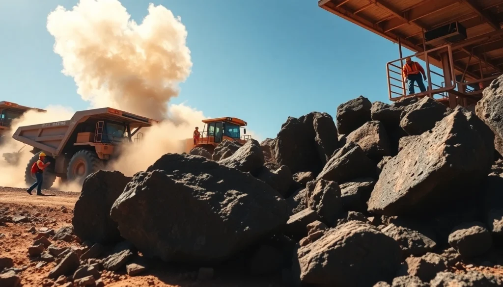 Mining iron ore rocks with machinery in a natural setting.
