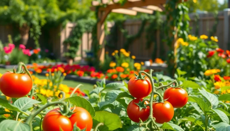 Gardening scene showcasing a vibrant vegetable garden with ripe tomatoes and blooming flowers.