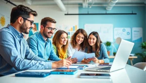 Engaged team of social media marketing companies edmonton collaborating in a dynamic workspace.