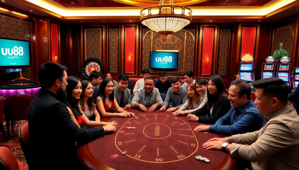Players enjoying a poker game atuu88 casino, showcasing excitement and luxury in gambling.