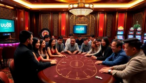 Players enjoying a poker game atuu88 casino, showcasing excitement and luxury in gambling.
