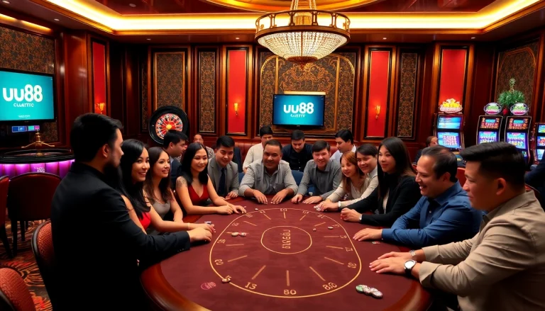 Players enjoying a poker game atuu88 casino, showcasing excitement and luxury in gambling.