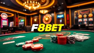 Experience the thrill of F8BET with a vibrant casino atmosphere featuring poker chips and tables.