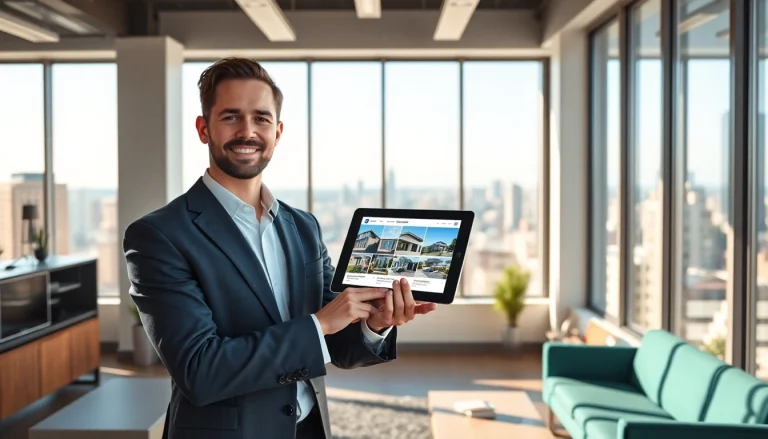 Real Estate agent showcasing property listings in a modern office setting, portraying professionalism.