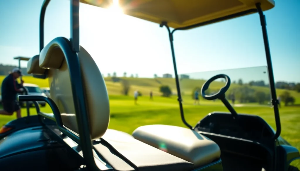 Golf cart parked on a sunny golf course highlighting its sleek design against green landscaping.
