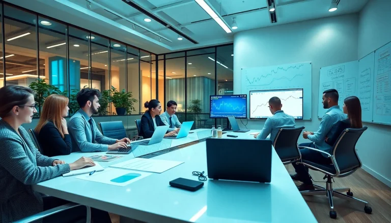 Dynamic office environment showcasing financial professionals discussing successes with BOX138, highlighting collaboration and innovation.