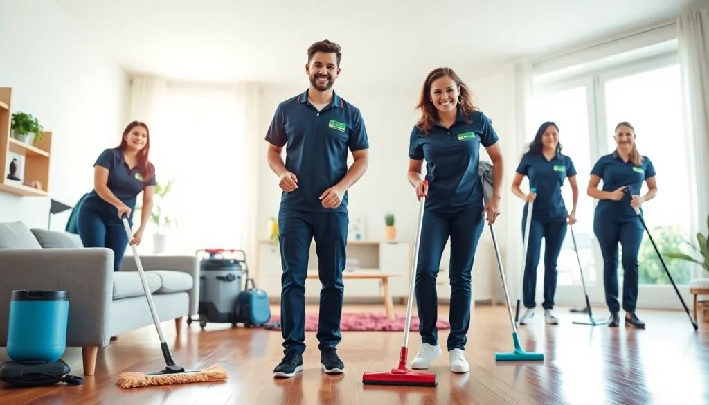 Experienced cleaning service team efficiently cleaning a modern home.