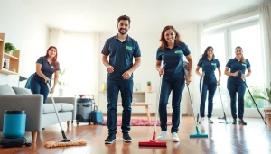 Experienced cleaning service team efficiently cleaning a modern home.