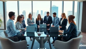 Business professionals discussing strategies in a modern office with city views.