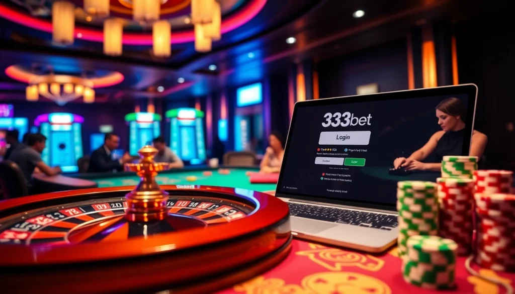 Login to 333bet for an exciting casino experience with poker chips and roulette.