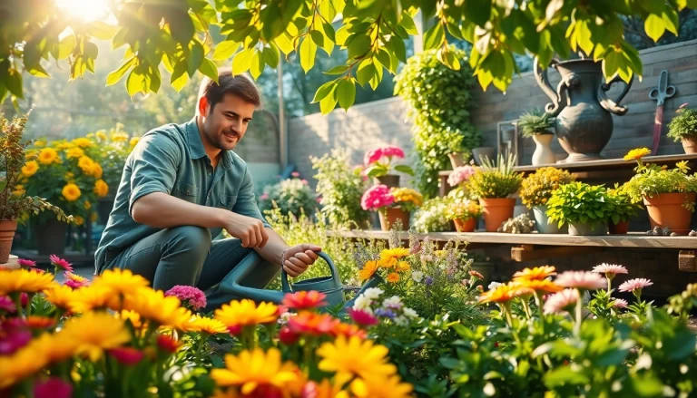 Gardening enthusiast nurturing blooming plants in a bright and vibrant garden setting.