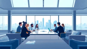 Engaged business professionals collaborating in a modern conference room setting.