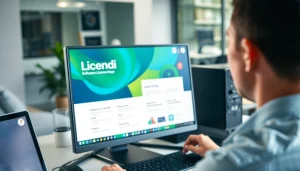 Browse Licendi software license keys on a computer screen in a modern, organized workspace.