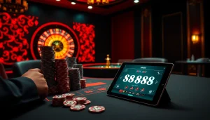 Engaging gaming scene at Nhà cái MM88 featuring a luxurious poker table and vibrant roulette wheel.