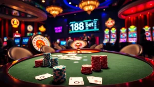 Gambling excitement at a lavish casino with 188bet branding, featuring poker and roulette tables.