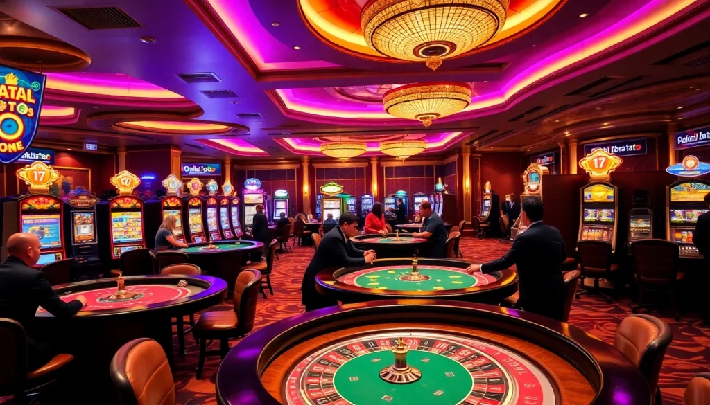 Experience the thrill of gambling at a lavish casino with "obral toto" promotions displayed prominently.