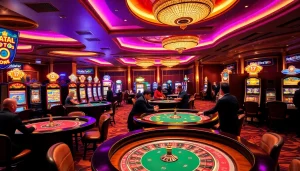 Experience the thrill of gambling at a lavish casino with "obral toto" promotions displayed prominently.