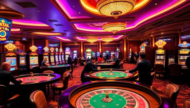 Experience the thrill of gambling at a lavish casino with "obral toto" promotions displayed prominently.
