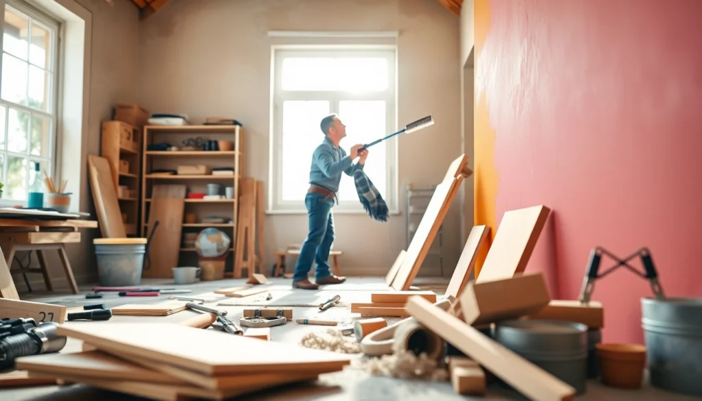 Enhance your home renovation with a skilled contractor applying fresh paint in a bright workshop.