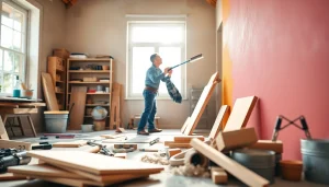 Enhance your home renovation with a skilled contractor applying fresh paint in a bright workshop.