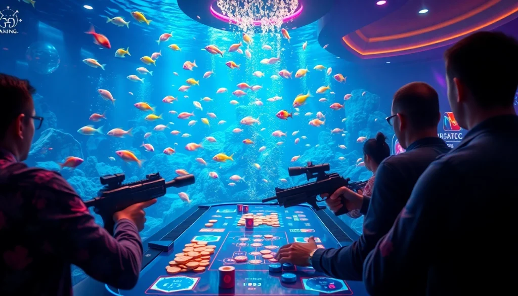 Players engaging in bắn cá đổi thưởng at a vibrant underwater casino scene with colorful fish.