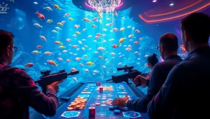 Players engaging in bắn cá đổi thưởng at a vibrant underwater casino scene with colorful fish.