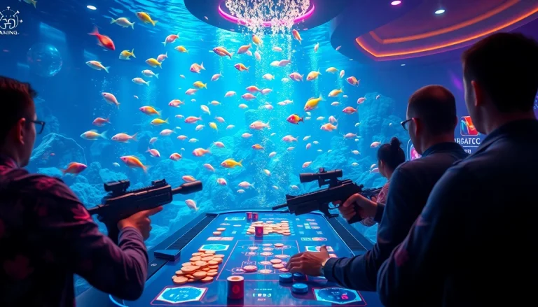 Players engaging in bắn cá đổi thưởng at a vibrant underwater casino scene with colorful fish.