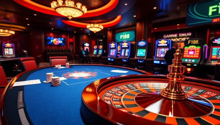 F168 online casino interface showcasing a vibrant poker table and roulette wheel.