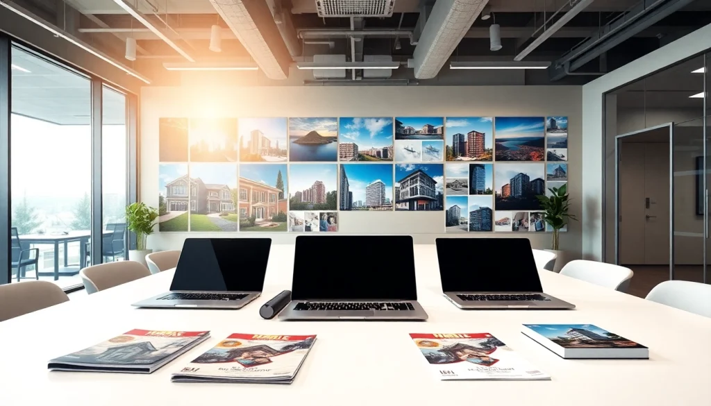 Real Estate professionals collaborating in a vibrant office setting with modern design.