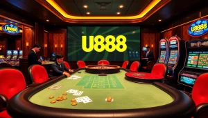 Players enjoying high-stakes poker at the U888 casino, surrounded by vibrant slot machines and roulette tables.