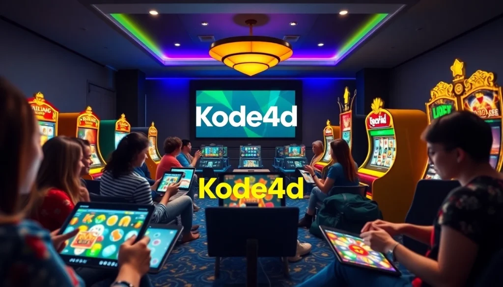 Engaging online gaming experience with Kode4d logo and diverse players enjoying slot games