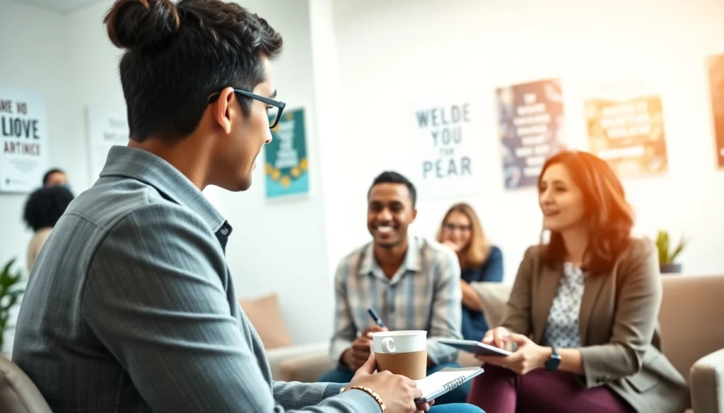 Empowerment coaching session showcasing a diverse group interacting with a coach in a bright, modern setting.