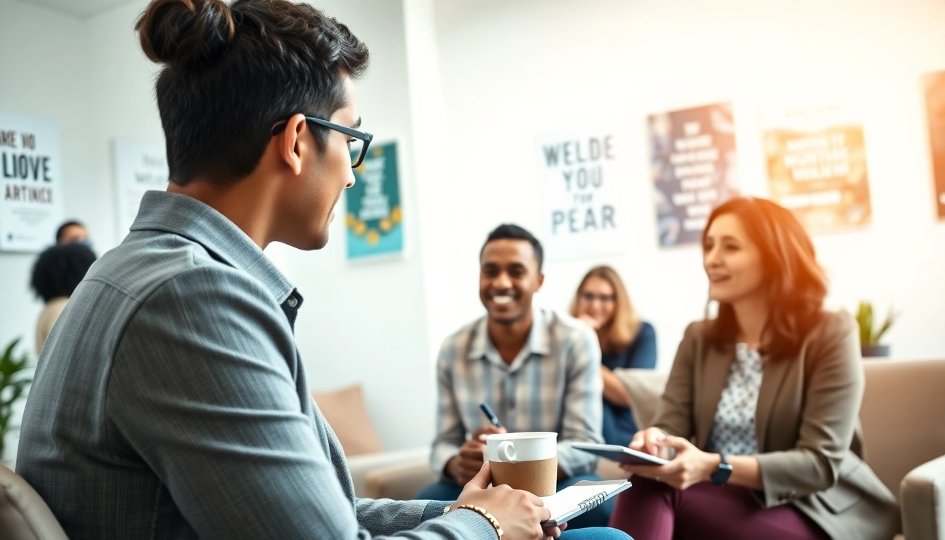 Empowerment coaching session showcasing a diverse group interacting with a coach in a bright, modern setting.