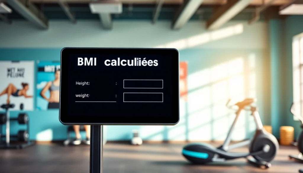 Calculate your BMI using the interactive bmi calculator in a gym setting with vibrant colors.