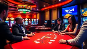 Gamblers enjoying a thrilling game of poker at a Netwin casino table, full of excitement and luxury.