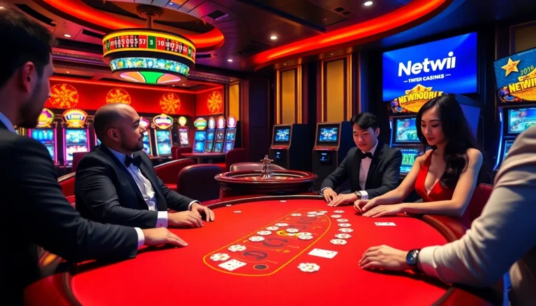Gamblers enjoying a thrilling game of poker at a Netwin casino table, full of excitement and luxury.