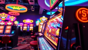 Walettoto menawarkan suasana permainan slot yang menarik dengan mesin slot dan lampu neon.