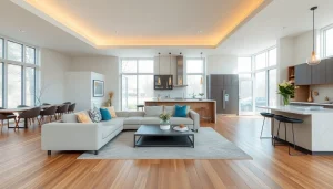 Home renovation showcasing a modern living room with an elegant kitchen design.