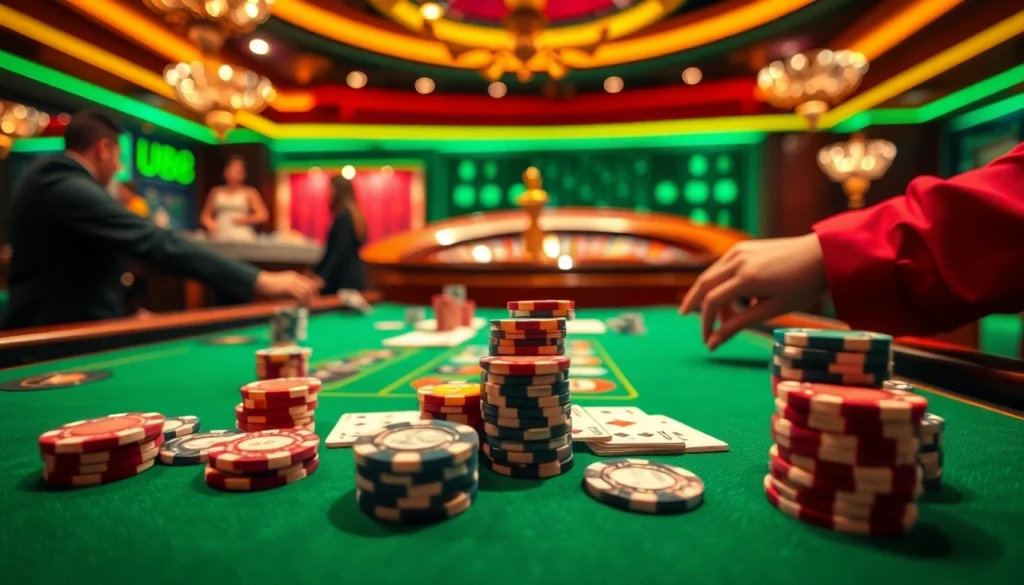 Experience thrilling casino action at UU88 with vibrant poker games, colorful chips, and roulette excitement.