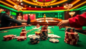 Experience thrilling casino action at UU88 with vibrant poker games, colorful chips, and roulette excitement.