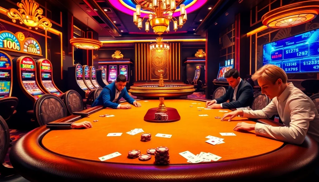 Cảm nhận sự hồi hộp của Betvip tại một casino sang trọng với các bàn poker và máy đánh bạc.