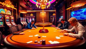 Cảm nhận sự hồi hộp của Betvip tại một casino sang trọng với các bàn poker và máy đánh bạc.
