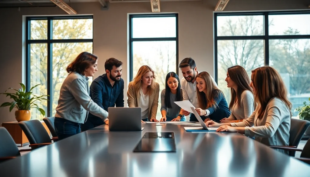 Agency team brainstorming in a vibrant office with natural lighting and modern decor.